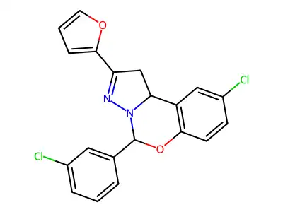 9-chloro-5-(3-chlorophenyl)-2-(2-furyl)-1,10b-dihydropyrazolo[1,5-c][1,3]benzoxazine structure