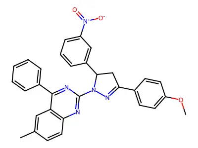 2-[5-(4-methoxyphenyl)-3-(3-nitrophenyl)-3,4-dihydropyrazol-2-yl]-6-methyl-4-phenylquinazoline structure