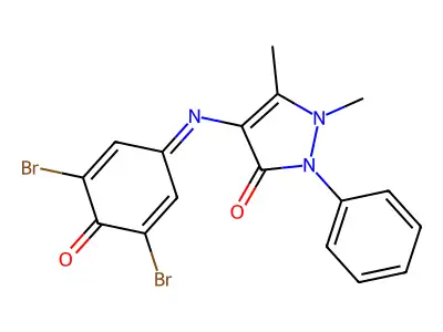 4-[(3,5-dibromo-4-oxocyclohexa-2,5-dien-1-ylidene)amino]-1,5-dimethyl-2-phenylpyrazol-3-one structure