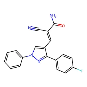 (E)-2-cyano-3-(3-(4-fluorophenyl)-1-phenyl-1H-pyrazol-4-yl)acrylamide structure