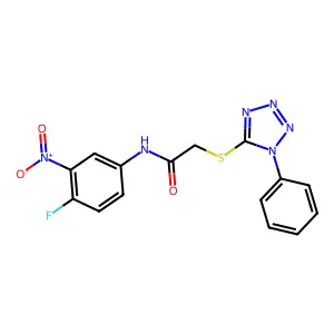 N-(4-fluoro-3-nitrophenyl)-2-(1-phenyltetrazol-5-yl)sulfanylacetamide structure