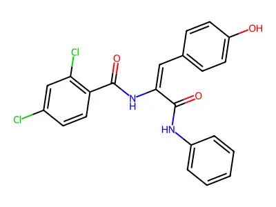 N-[(E)-3-anilino-1-(4-hydroxyphenyl)-3-oxoprop-1-en-2-yl]-2,4-dichlorobenzamide structure