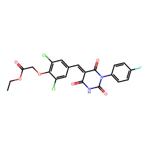(E)-ethyl 2-(2,6-dichloro-4-((1-(4-fluorophenyl)-2,4,6-trioxotetrahydropyrimidin-5(2H)-ylidene)methyl)phenoxy)acetate structure