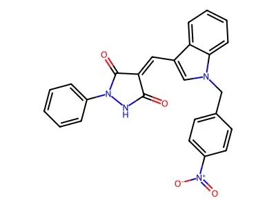 (4E)-4-[[1-[(4-nitrophenyl)methyl]indol-3-yl]methylidene]-1-phenylpyrazolidine-3,5-dione structure