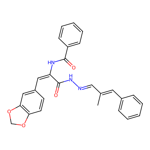 N-[(E)-1-(1,3-benzodioxol-5-yl)-3-[(2E)-2-[(E)-2-methyl-3-phenylprop-2-enylidene]hydrazinyl]-3-oxoprop-1-en-2-yl]benzamide structure