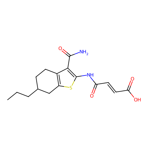 (2E)-4-[(3-carbamoyl-6-propyl-4,5,6,7-tetrahydro-1-benzothiophen-2-yl)amino]-4-oxobut-2-enoic acid structure