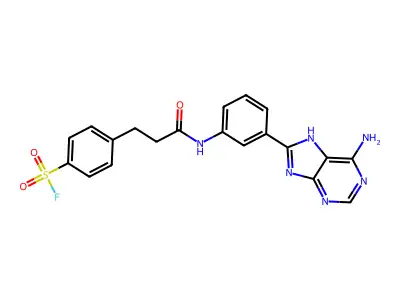 4-[3-[3-(6-amino-7H-purin-8-yl)anilino]-3-oxopropyl]benzenesulfonyl fluoride structure