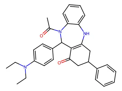 10-acetyl-11-[4-(diethylamino)phenyl]-3-phenyl-2,3,4,5,10,11-hexahydro-1H-dibenzo[b,e][1,4]diazepin-1-one structure