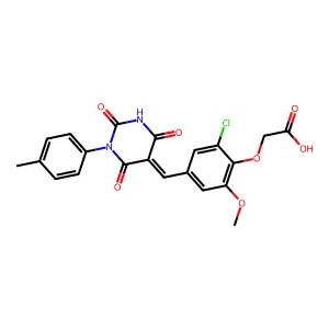 (2-chloro-6-methoxy-4-{(E)-[1-(4-methylphenyl)-2,4,6-trioxotetrahydropyrimidin-5(2H)-ylidene]methyl}phenoxy)acetic acid structure