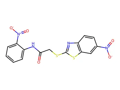 2-[(6-nitro-1,3-benzothiazol-2-yl)sulfanyl]-N-(2-nitrophenyl)acetamide structure
