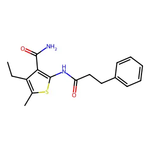 4-Ethyl-5-methyl-2-(3-phenylpropanoylamino)thiophene-3-carboxamide structure
