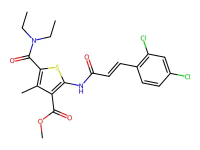 methyl 2-[[(E)-3-(2,4-dichlorophenyl)prop-2-enoyl]amino]-5-(diethylcarbamoyl)-4-methylthiophene-3-carboxylate structure