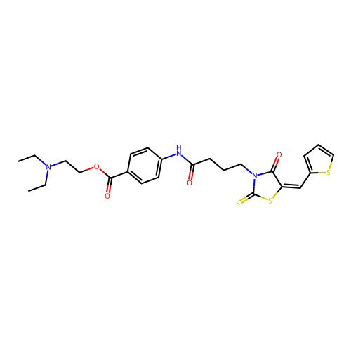 (E)-2-(diethylamino)ethyl 4-(4-(4-oxo-5-(thiophen-2-ylmethylene)-2-thioxothiazolidin-3-yl)butanamido)benzoate structure