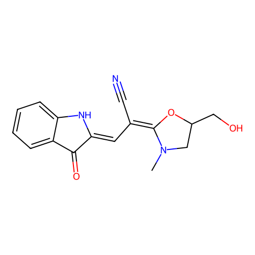 2-[2-cyano-2-[5-(hydroxymethyl)-3-methyl-1,3-oxazolidin-2-ylidene]ethylidene]indolin-3-one structure