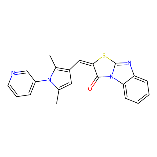 (E)-2-((2,5-dimethyl-1-(pyridin-3-yl)-1H-pyrrol-3-yl)methylene)benzo[4,5]imidazo[2,1-b]thiazol-3(2H)-one structure