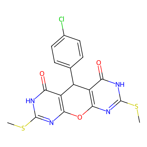 5-(4-chlorophenyl)-2,8-bis(methylsulfanyl)-5,7-dihydro-4H-pyrimido[5',4':5,6]pyrano[2,3-d]pyrimidine-4,6(3H)-dione structure