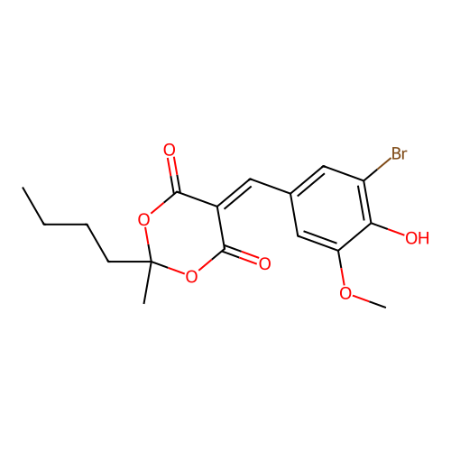 5-(3-bromo-4-hydroxy-5-methoxybenzylidene)-2-butyl-2-methyl-1,3-dioxane-4,6-dione structure