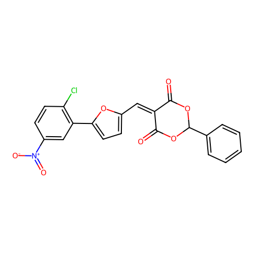 5-((5-(2-chloro-5-nitrophenyl)furan-2-yl)methylene)-2-phenyl-1,3-dioxane-4,6-dione structure