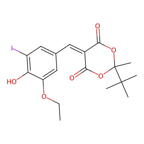 2-tert-butyl-5-(3-ethoxy-4-hydroxy-5-iodobenzylidene)-2-methyl-1,3-dioxane-4,6-dione structure