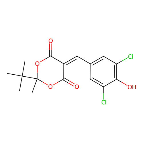 2-tert-butyl-5-(3,5-dichloro-4-hydroxybenzylidene)-2-methyl-1,3-dioxane-4,6-dione structure