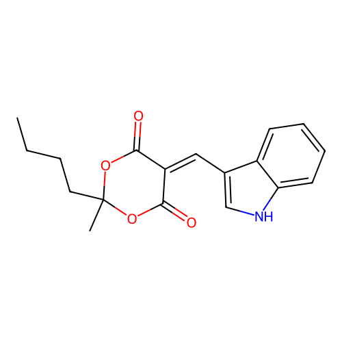 2-butyl-5-(1H-indol-3-ylmethylene)-2-methyl-1,3-dioxane-4,6-dione structure