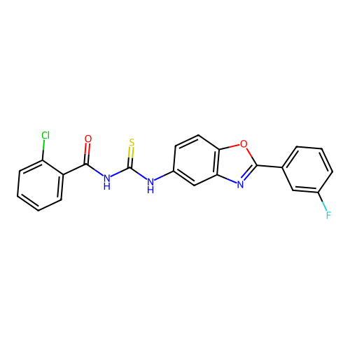 2-chloro-N-[[2-(3-fluorophenyl)-1,3-benzoxazol-5-yl]carbamothioyl]benzamide structure
