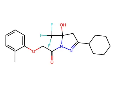1-[3-cyclohexyl-5-hydroxy-5-(trifluoromethyl)-4,5-dihydro-1H-pyrazol-1-yl]-2-(2-methylphenoxy)ethanone structure