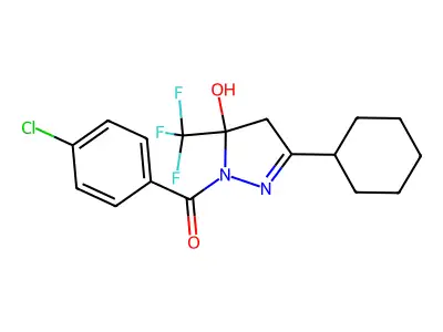 (4-chlorophenyl)-[3-cyclohexyl-5-hydroxy-5-(trifluoromethyl)-4H-pyrazol-1-yl]methanone structure