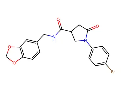 N-(1,3-benzodioxol-5-ylmethyl)-1-(4-bromophenyl)-5-oxopyrrolidine-3-carboxamide structure