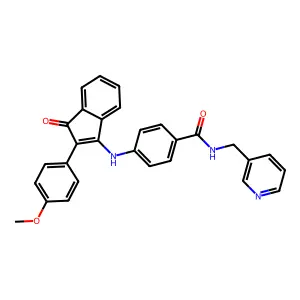 4-[[2-(4-methoxyphenyl)-3-oxoinden-1-yl]amino]-N-(pyridin-3-ylmethyl)benzamide structure