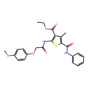 ethyl 2-[2-(4-methoxyphenoxy)acetamido]-4-methyl-5-(phenylcarbamoyl)thiophene-3-carboxylate structure