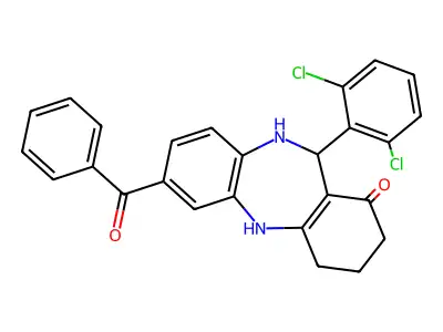2-benzoyl-6-(2,6-dichlorophenyl)-5,6,8,9,10,11-hexahydrobenzo[b][1,4]benzodiazepin-7-one structure