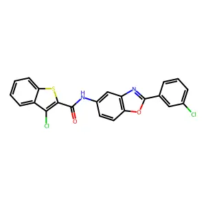 3-chloro-N-[2-(3-chlorophenyl)-1,3-benzoxazol-5-yl]-1-benzothiophene-2-carboxamide structure