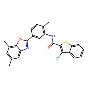 3-chloro-N-[5-(5,7-dimethyl-1,3-benzoxazol-2-yl)-2-methylphenyl]-1-benzothiophene-2-carboxamide structure