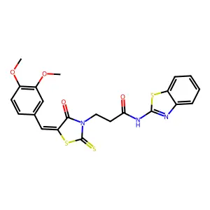 N-(1,3-benzothiazol-2-yl)-3-[(5Z)-5-[(3,4-dimethoxyphenyl)methylidene]-4-oxo-2-sulfanylidene-1,3-thiazolidin-3-yl]propanamide structure