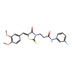 3-[(5Z)-5-[(3,4-dimethoxyphenyl)methylidene]-4-oxo-2-sulfanylidene-1,3-thiazolidin-3-yl]-N-(3-fluorophenyl)propanamide structure