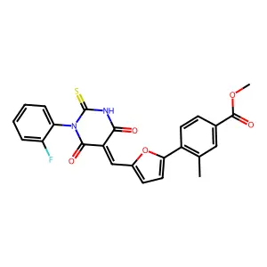 methyl 4-(5-{(E)-[1-(2-fluorophenyl)-4,6-dioxo-2-thioxotetrahydropyrimidin-5(2H)-ylidene]methyl}furan-2-yl)-3-methylbenzoate structure