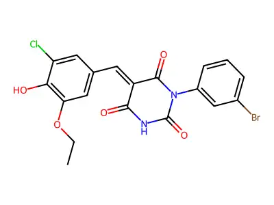 (5E)-1-(3-bromophenyl)-5-(3-chloro-5-ethoxy-4-hydroxybenzylidene)pyrimidine-2,4,6(1H,3H,5H)-trione structure