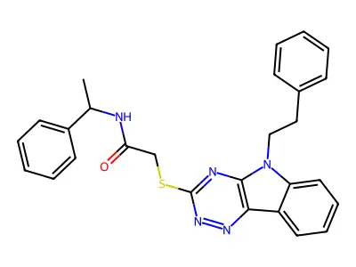 2-[(5-phenethyl-[1,2,4]triazino[5,6-b]indol-3-yl)sulfanyl]-N-(1-phenylethyl)acetamide structure