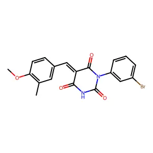 (5E)-1-(3-bromophenyl)-5-(4-methoxy-3-methylbenzylidene)pyrimidine-2,4,6(1H,3H,5H)-trione structure
