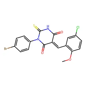 (5E)-1-(4-bromophenyl)-5-(5-chloro-2-methoxybenzylidene)-2-thioxodihydropyrimidine-4,6(1H,5H)-dione structure
