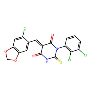 (5E)-5-[(6-chloro-1,3-benzodioxol-5-yl)methylidene]-1-(2,3-dichlorophenyl)-2-sulfanylidene-1,3-diazinane-4,6-dione structure