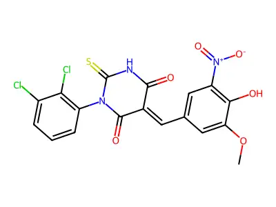 (5E)-1-(2,3-dichlorophenyl)-5-(4-hydroxy-3-methoxy-5-nitrobenzylidene)-2-thioxodihydropyrimidine-4,6(1H,5H)-dione structure