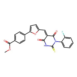 methyl 4-(5-{(E)-[1-(2-fluorophenyl)-4,6-dioxo-2-thioxotetrahydropyrimidin-5(2H)-ylidene]methyl}furan-2-yl)benzoate structure