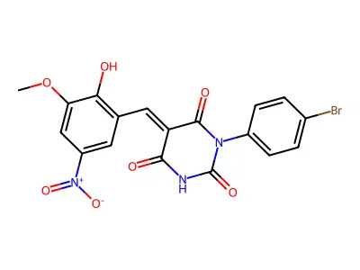 (5E)-1-(4-bromophenyl)-5-[(2-hydroxy-3-methoxy-5-nitrophenyl)methylidene]-1,3-diazinane-2,4,6-trione structure