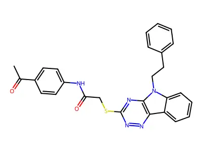 N-(4-acetylphenyl)-2-[(5-phenethyl-[1,2,4]triazino[5,6-b]indol-3-yl)sulfanyl]acetamide structure
