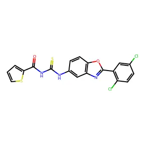N-((2-(2,5-dichlorophenyl)benzo[d]oxazol-5-yl)carbamothioyl)thiophene-2-carboxamide structure