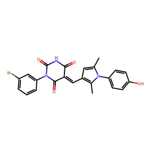 (5E)-1-(3-bromophenyl)-5-[[1-(4-hydroxyphenyl)-2,5-dimethylpyrrol-3-yl]methylidene]-1,3-diazinane-2,4,6-trione structure