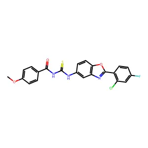 N-[[2-(2-chloro-4-fluorophenyl)-1,3-benzoxazol-5-yl]carbamothioyl]-4-methoxybenzamide structure