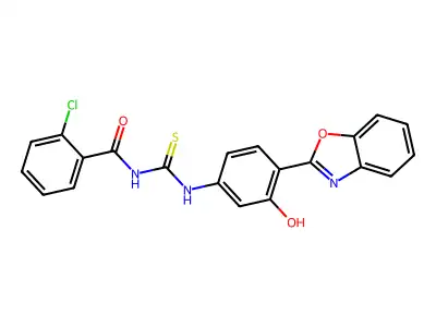 N-((4-(benzo[d]oxazol-2-yl)-3-hydroxyphenyl)carbamothioyl)-2-chlorobenzamide structure